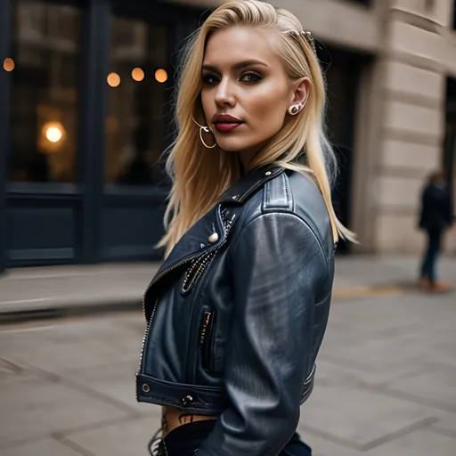 Prompt: blonde girl, denim, leather jacket, tattoos, septum piercing,
