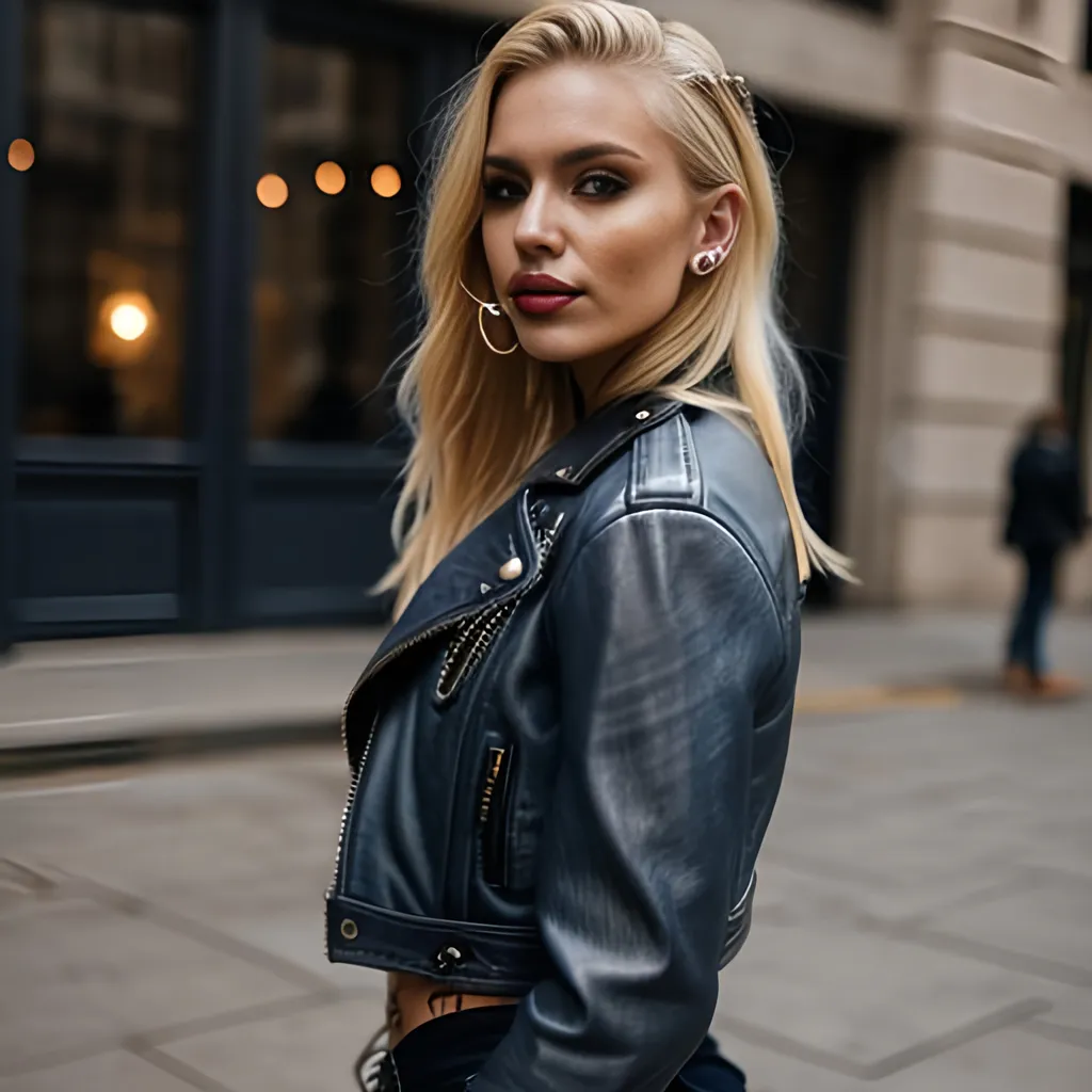 Prompt: blonde girl, denim, leather jacket, tattoos, septum piercing,
