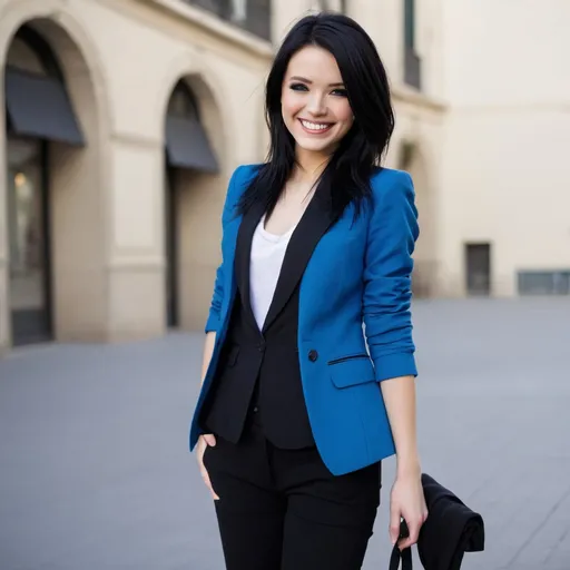 Prompt: black hair, stylish, blue, blazer, black pants, make up, plaza, smile