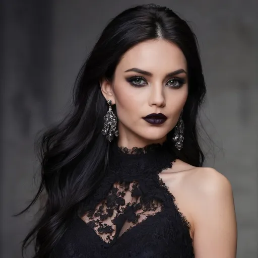 Prompt: long raven hair, dark lips, smokey eyes, earrings, stylish dress
