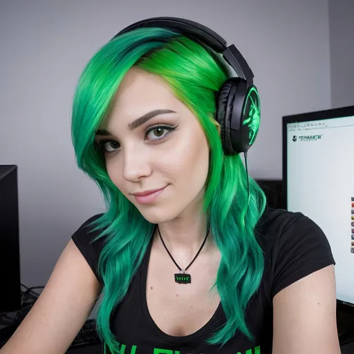 Prompt: black and green hair, streamer, gaming, woman, computer,  