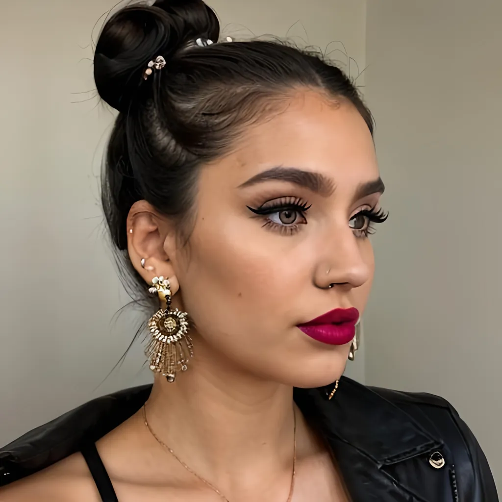 Prompt: style, earrings, upbeat, space buns, lipstick, winged eyeliner, California, brunette, nose piercing, 
