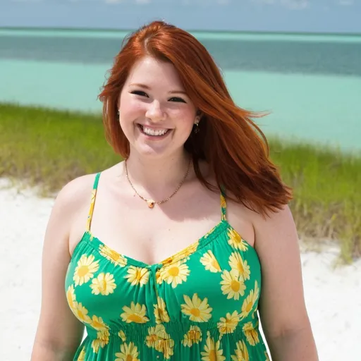 Prompt: auburn hair, green sun dress, Florida, smile, chubby
