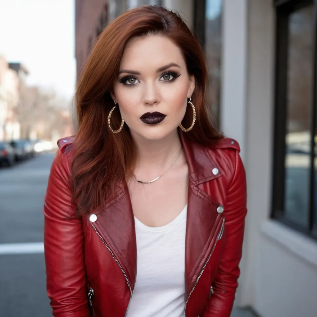 Prompt: auburn hair, dark lips, smokey eyes, earrings, red leather jacket, white top, black jeans, chubby