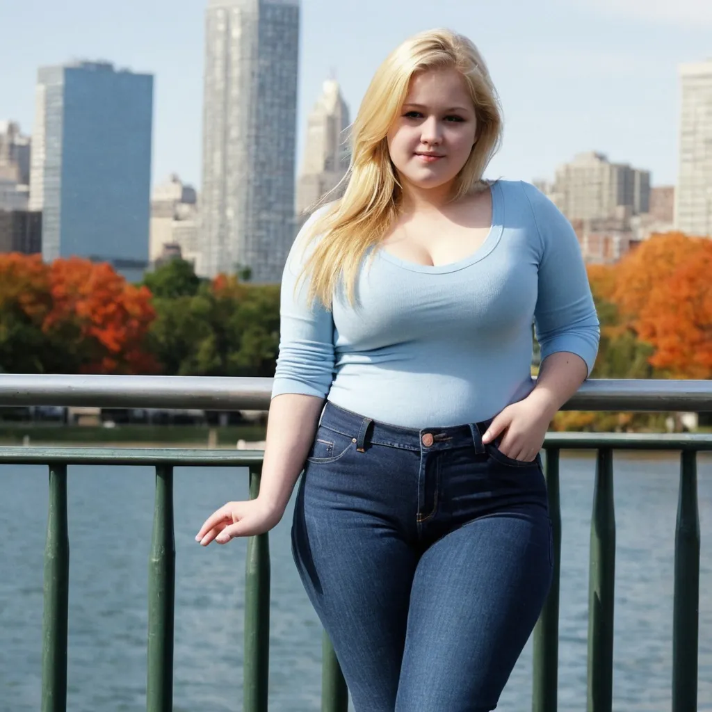 Prompt: blonde, park, city, seaport, chubby, fall, jeans