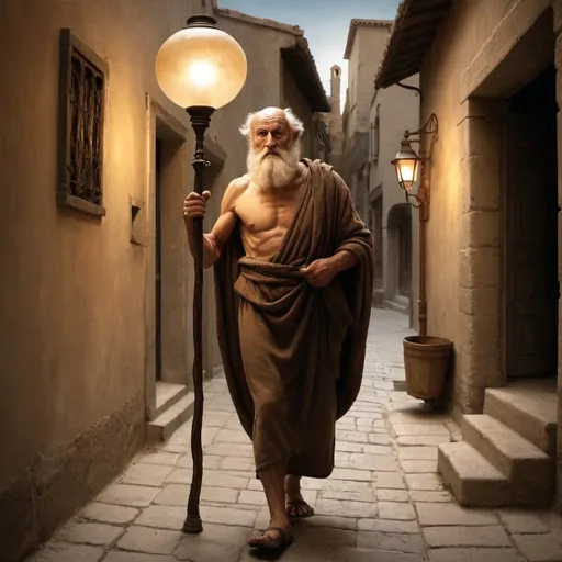 Prompt: Diogenes Walking through the streets with a lamp, seeking the honest man