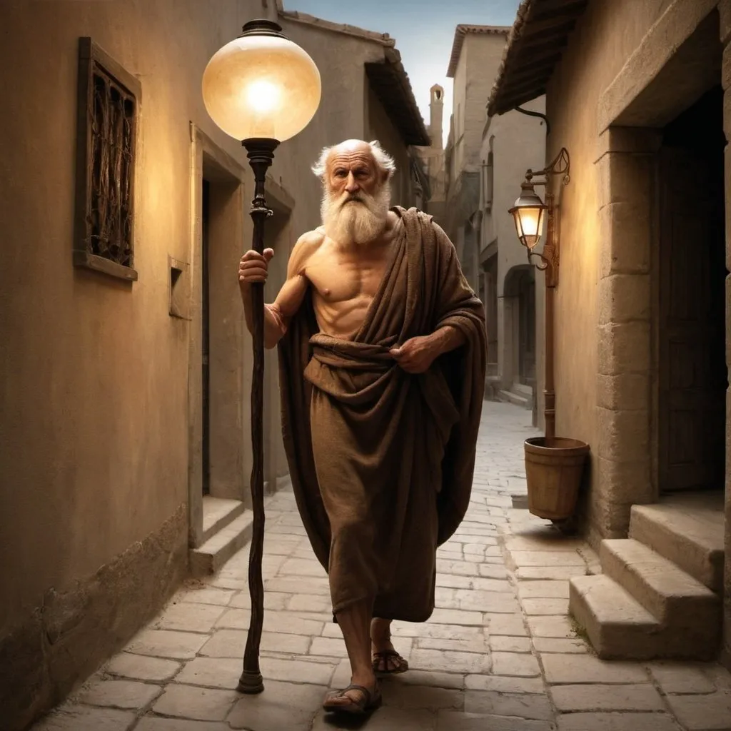 Prompt: Diogenes Walking through the streets with a lamp, seeking the honest man