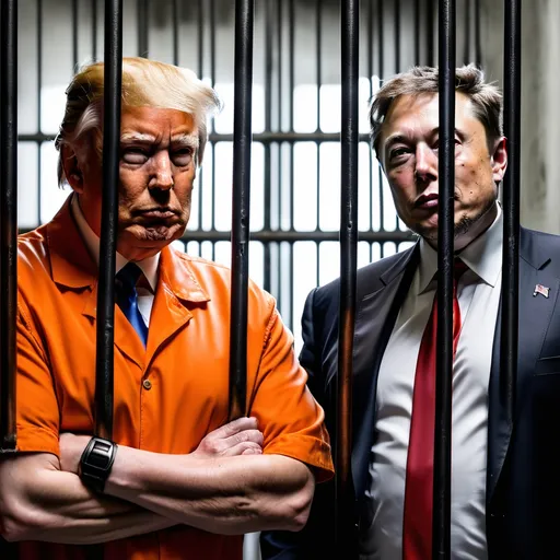 Prompt: Donald Trump and Elon Musk in prison orange behind bars