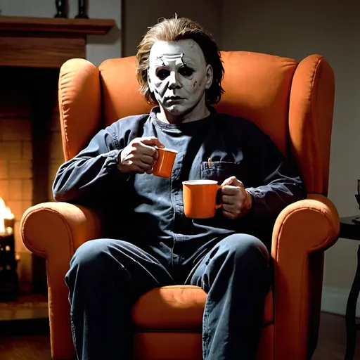 Prompt: Michael Meyers from HALLOWEEN sitting in a comfy chair drinking cocoa, with his feet up and his knife stuck in the arm of the chair