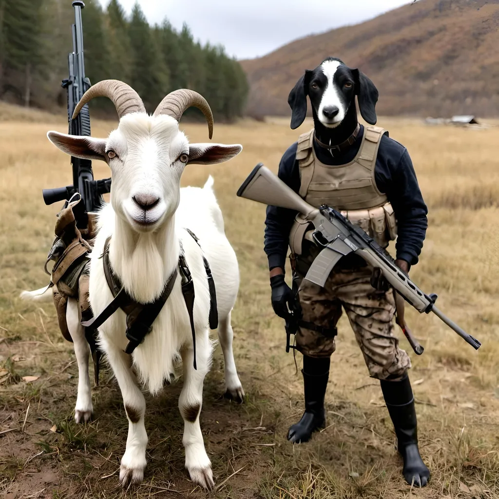 Prompt: A Dog and a Goat armed with rifles in hunting gear 