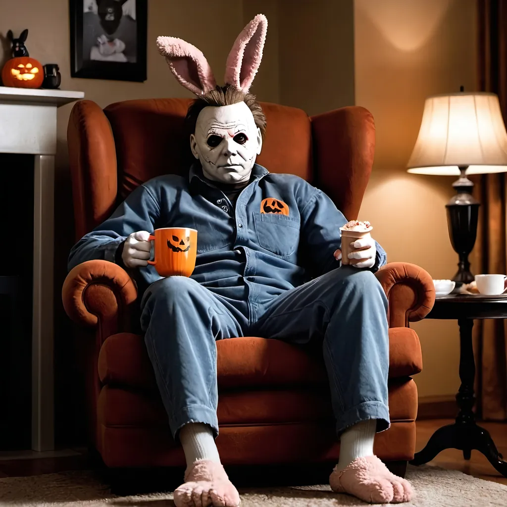 Prompt: Michael Meyers from HALLOWEEN sitting in a comfy chair drinking cocoa, with his feet up wearing bunny slippers