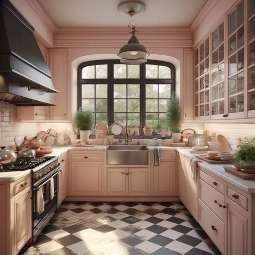 Prompt: French style kitchen, checkered flooring, glass upper cabinets, lots of black framed windows