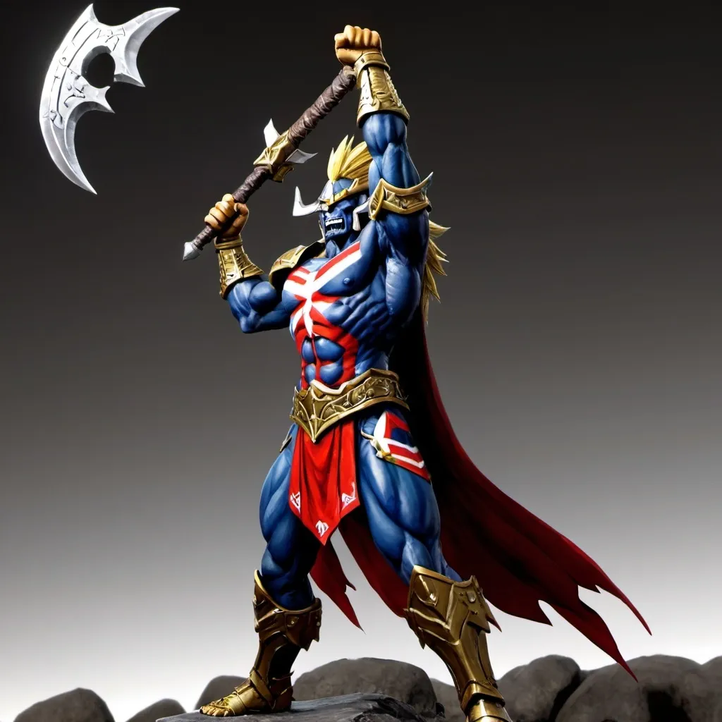 Prompt: (A Half-Orc Allmight with tusks), striking his iconic victory pose, fist raised above his head holding a halberd, (grey skin), dressed in full plate mail, dramatic lighting highlighting details of his armor, epic and heroic ambiance, dynamic composition emphasizing strength and determination, (ultra-detailed), cinematic quality with vivid contrasts, showcasing the aura of a true warrior standing tall.