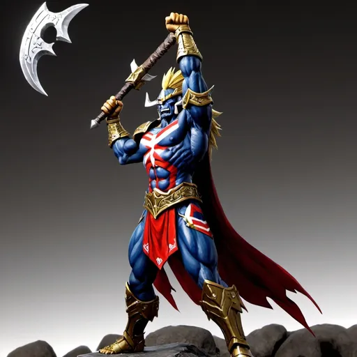 Prompt: (A Half-Orc Allmight with tusks), striking his iconic victory pose, fist raised above his head holding a halberd, (grey skin), dressed in full plate mail, dramatic lighting highlighting details of his armor, epic and heroic ambiance, dynamic composition emphasizing strength and determination, (ultra-detailed), cinematic quality with vivid contrasts, showcasing the aura of a true warrior standing tall.