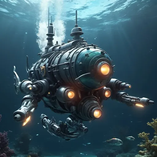 Prompt: Mecha underwater submarine, cinematic render, deep sea diving, SIM battle, torpedoes flying around, aquatic alien creature, anime underwater city