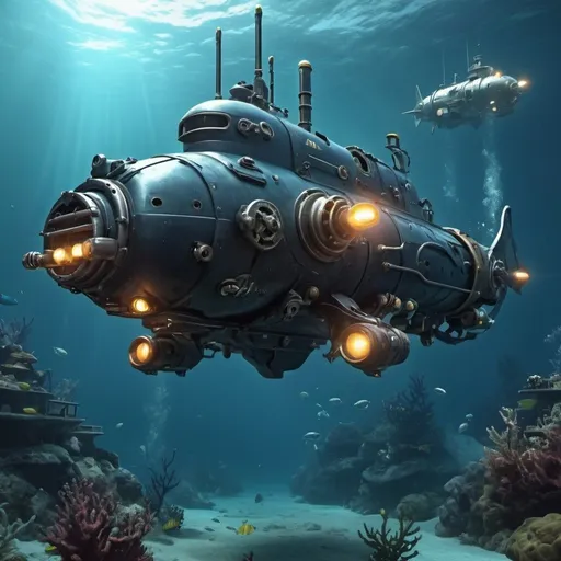 Prompt: Mecha underwater submarines, deep sea diving, SIM battle, torpedoes flying around, aquatic alien creature