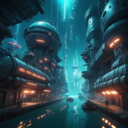 Prompt: Adult anime cyberpunk style, low light underwater city, futuristic torpedoes with trails, targeting mercenary ships