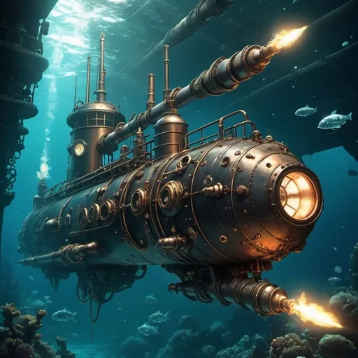 Prompt: Steampunk anime theme, futuristic looking underwater submarines, mechanics, torpedoes with explosions, deep sea discovery