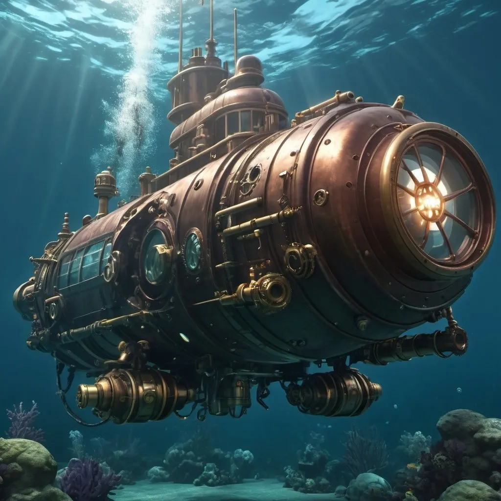 Mecha anime, steampunk style, underwater submarine,...