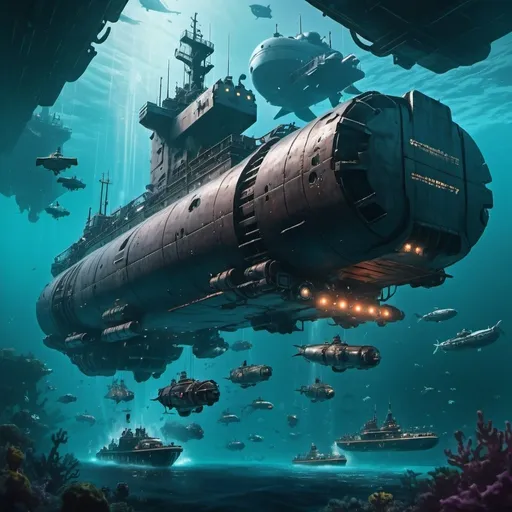 Prompt: cyberpunk style, underwater massive freighter on a transport mission, escorted by a squadron of small submarines, engaging pirates underwater ships with torpedoes