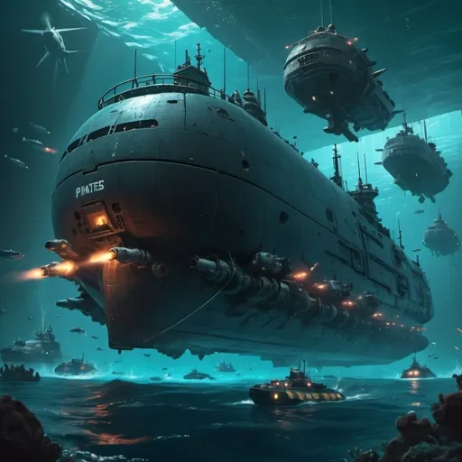 Prompt: cyberpunk style, underwater massive freighter on a transport mission, escorted by a squadron of small submarine ships, engaging pirates with torpedoes