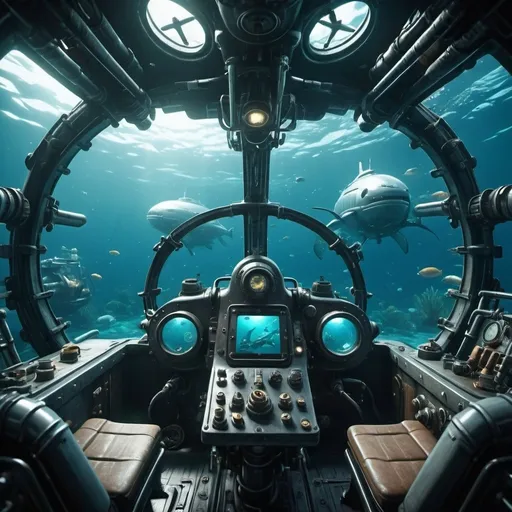 Prompt: First person cockpit of a Mecha underwater submarine, cinematic render, deep sea diving, SIM battle, torpedoes flying around, aquatic alien creature, anime underwater city, rounded interiour with tubes, steampunk style