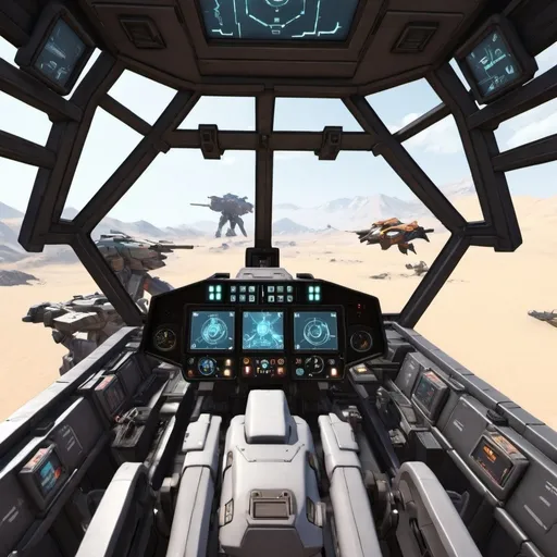 Prompt: Mecha first person view, inside cockpit, SIM battle