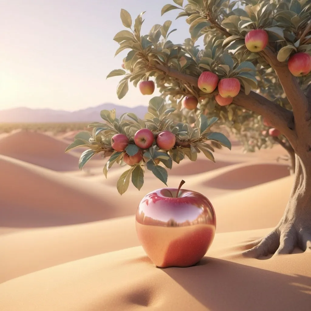 Prompt: an apple in a tree on the desert, dreamy pastel, high fanatasy, high detailed, golden hour touch 3d model