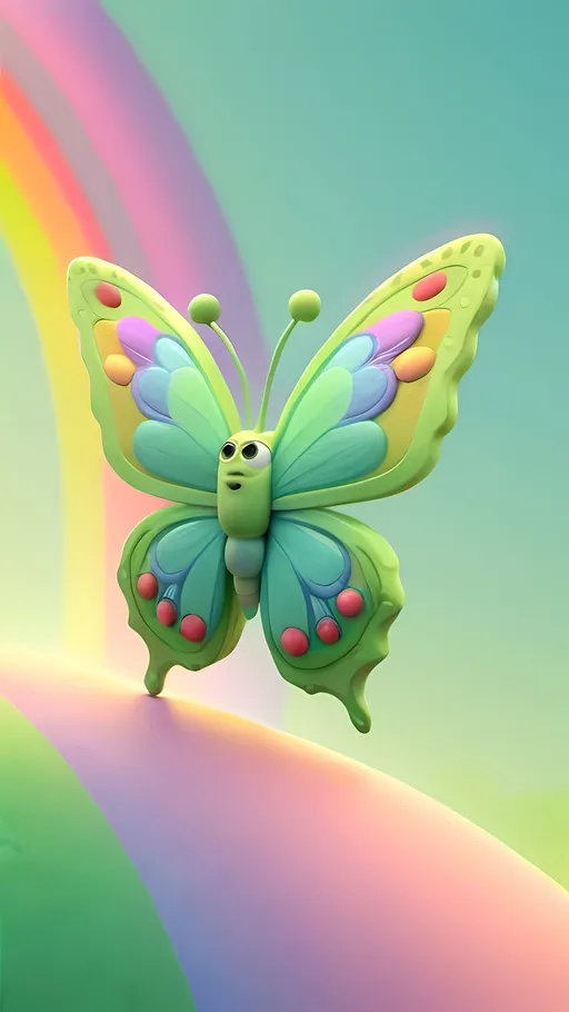 Prompt: Disney-style illustration of a cute butterfly and rainbow, octane render, green dreamy pastel