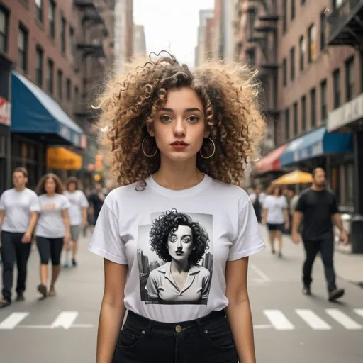 Prompt: a girl with curly hair with big t shirt among the streets of new york in the style of salvador dali.