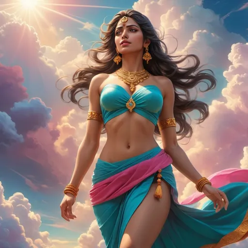Prompt: Radha walking with barefoot religious  standing in front of a heaven with clouds and breeze in the background, Artgerm, superflat, stanley artgerm lau, a comic book panel