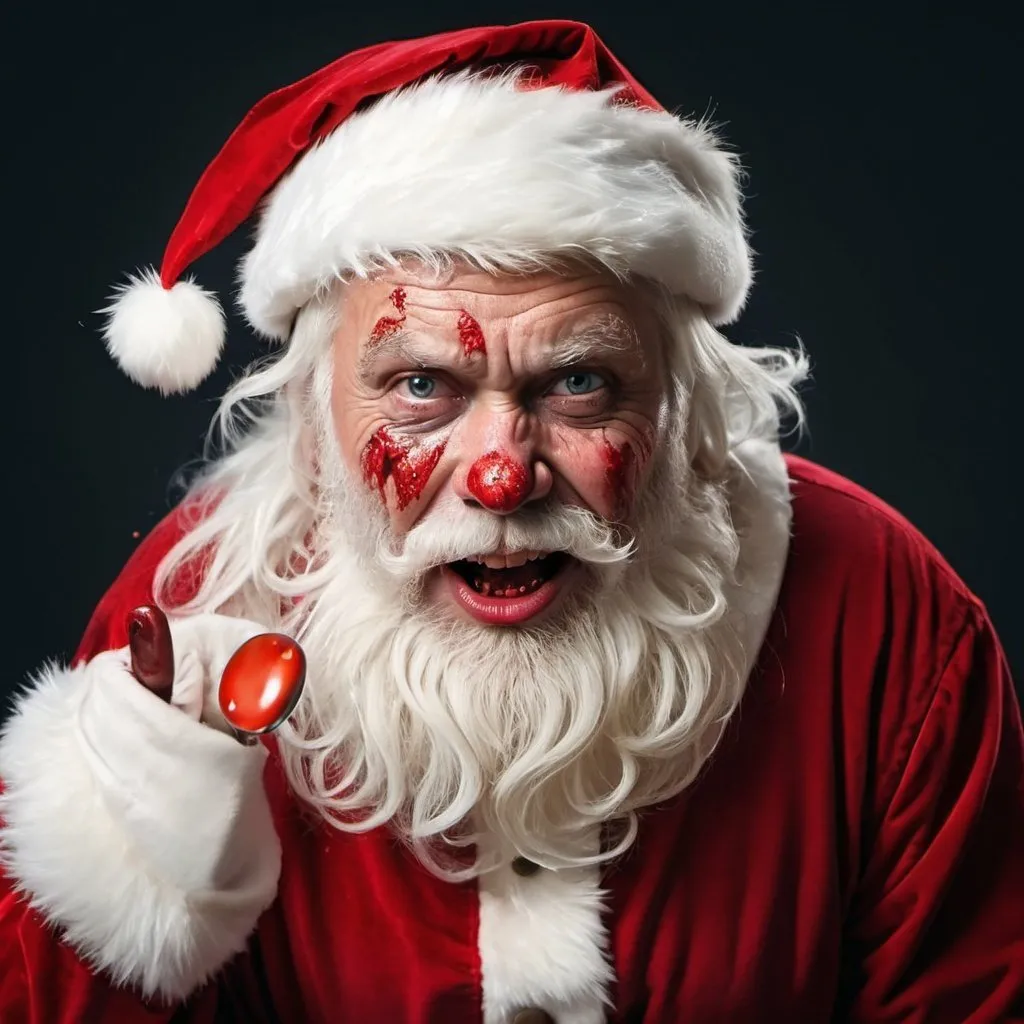 Prompt: Realistic photo of psychopath Santa claus with red bloody clothe.