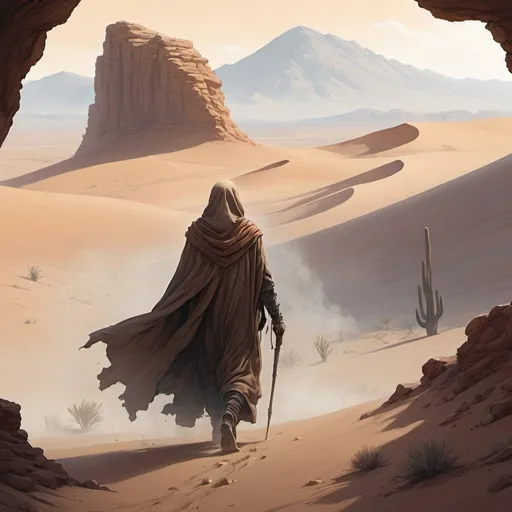 Prompt: a lone wanderer traversing through a desert wasteland, their cloak billowing in the hot wind as they journey towards an unknown destination. Draw or describe this mysterious figure, and delve into their backstory and motivations as they navigate the harsh environment