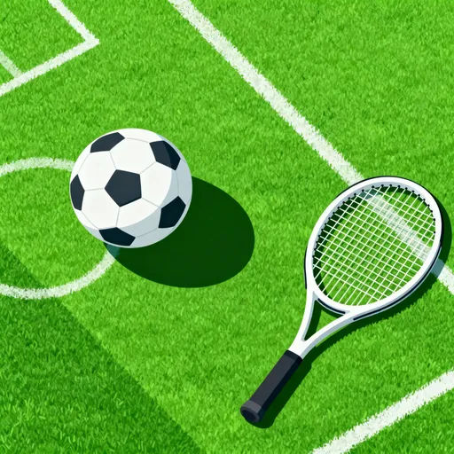 Prompt: A minimalistic app illustration showing a green artificial turf field with a white football (soccer ball) and a tennis racket on it, top-down view, soft shadows, clean modern design, flat style, bright green color palette, suitable for a sports mobile app background, simple and aesthetic composition