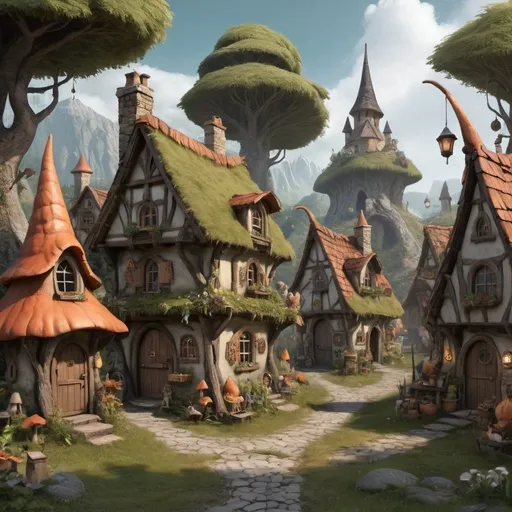 Prompt: a fantasy village with faeries, gnomes, trolls and witches