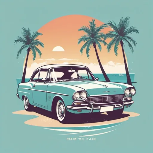 Prompt: Illustrated T-shirt design of flat vintage car with palm trees, vector, solid white background, summer color palette, with ocean background