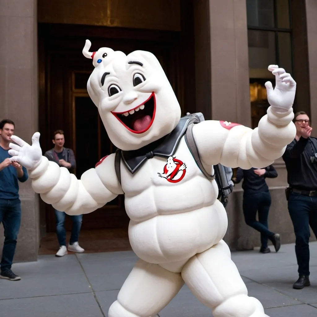 Prompt: Ghostbusters marsmallow man dancing 