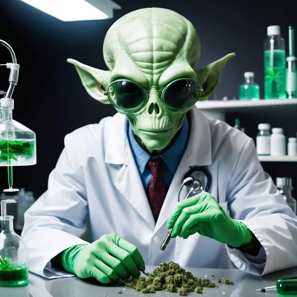 Prompt: Space crazy alien Doctor Criptonite on his lab creating weed