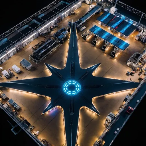 Prompt: starship hanger deck looking down from above with neon lights