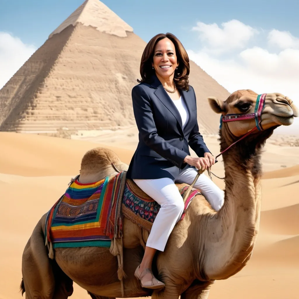 Prompt: create a photo realistic picture of Kamala Harris riding a camel