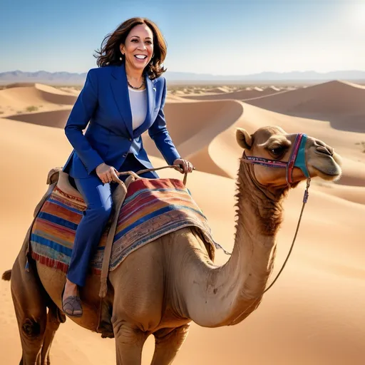 Prompt: create a photo realistic picture of Kamala Harris riding a camel