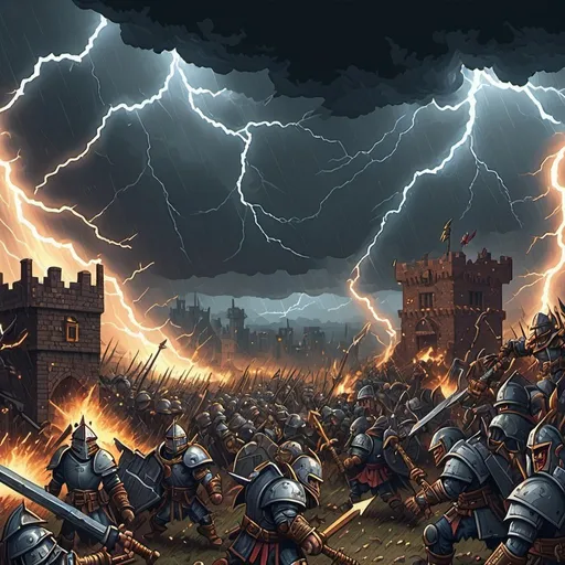 Prompt: Stormy Warhammer-style pixel art of Essex Pixelator, chaotic battle scene, pixelated textures, epic lightning strike, intricate armor details, highres, dramatic, war-torn landscape, pixel art, chaotic battle, stormy weather, dramatic lighting, Essex Pixelator, intricate armor, epic lightning, warhammer style