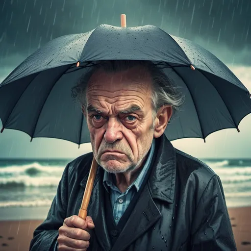 Prompt: Surrealism illustration of a grumpy old man on a rainy beach, Pi day celebration, eccentric umbrella, gloomy atmosphere, detailed facial expression, surrealistic colors, whimsical details, high quality, surrealism, rainy day, detailed face, eccentric, pi day, beach setting, moody tones, surreal colors, professional, atmospheric lighting
