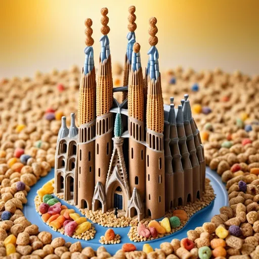 Prompt: The Sagrada Familia made of Familia breakfast cereal, crunchy texture, detailed architecture, high quality, cereal art, colorful, vibrant, detailed, granola, iconic landmark, morning light, intricate design, creative concept