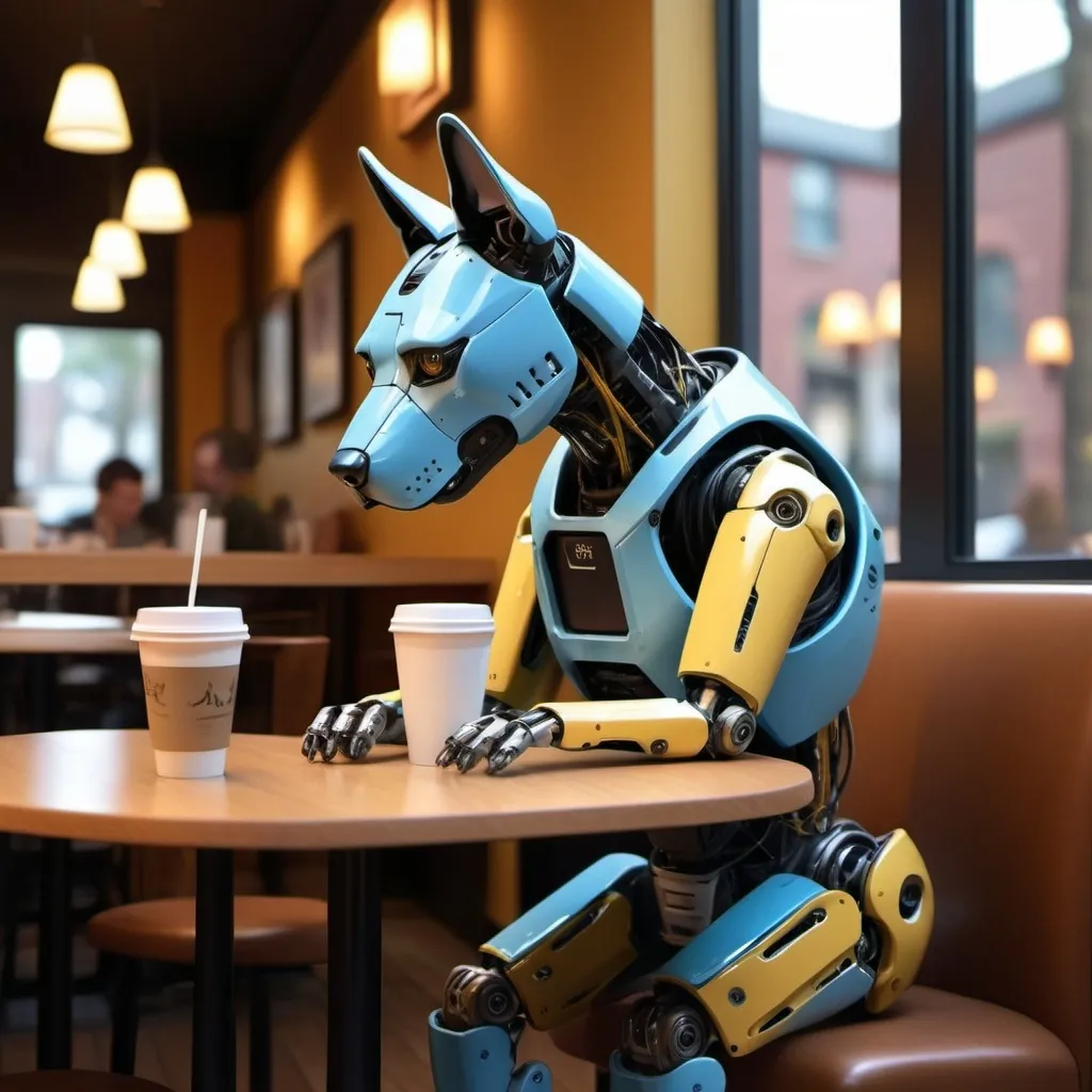 Prompt: Boston dynamic robot dog drinking coffee