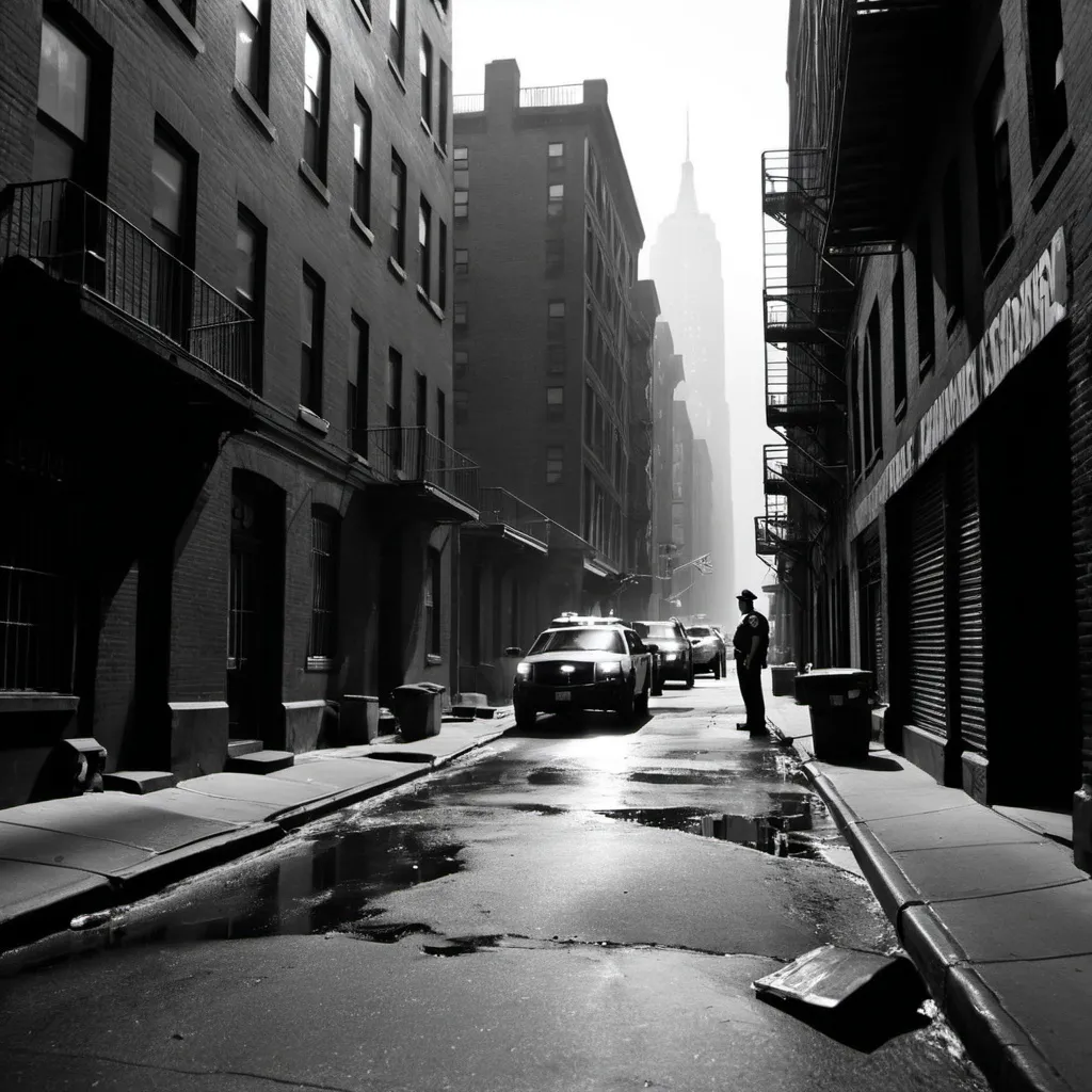 Prompt: Paysage scene de crime New York ruelle sombre un corp au sol des policiers autour de l'image en noir es blanc rouge es jaune 