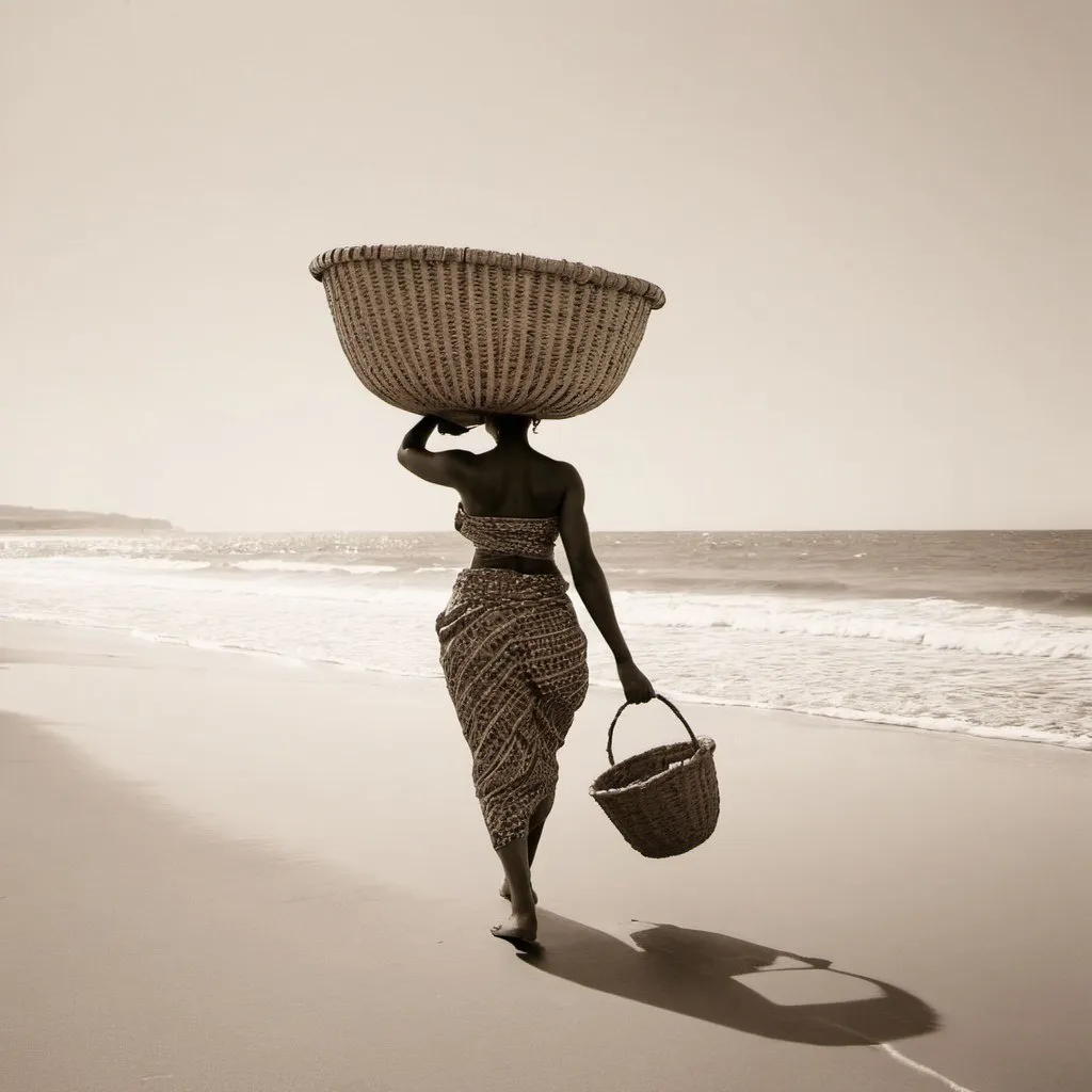 Prompt: An African woman walking on a beach with big baskets in sepia print