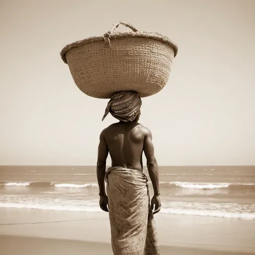 Prompt: African person on beach with big baskets covering head sepia print