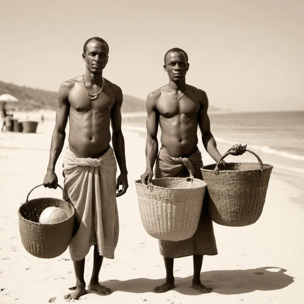 Prompt: African man on beach with big baskets sepia print