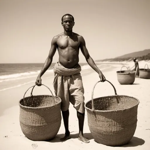 Prompt: African man on beach with big baskets sepia print